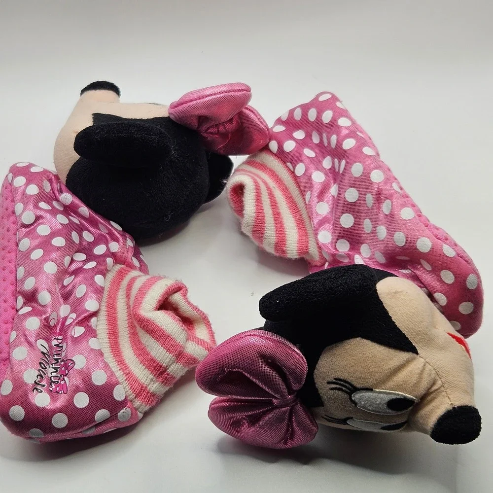 Kids Minnie Mouse Slippers sock top Pink White Polka Dot Bow‎ Plush Cozy Sz 9/10
